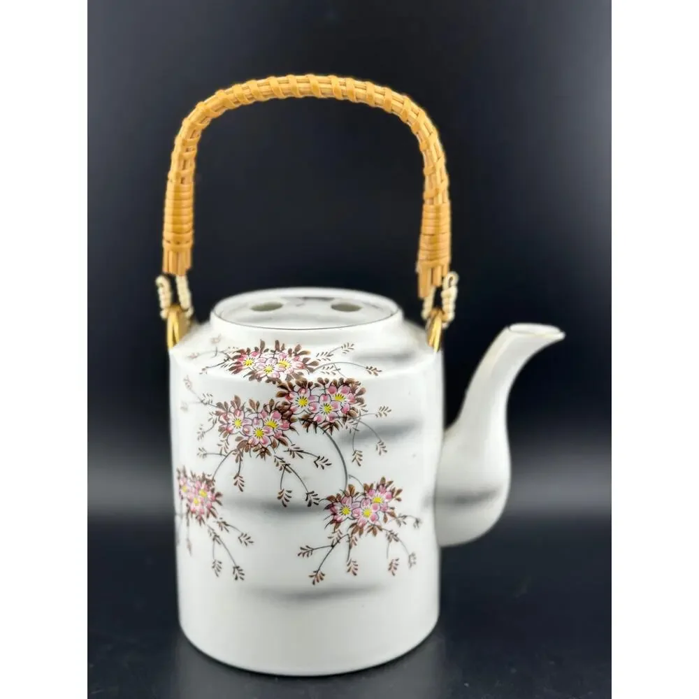 Japanese Cherry Blossom Teapot with Rattan Handle